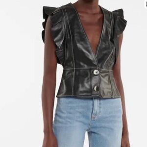 GANNI Lambskin Frill Vest Black Leather White Stitch F5968 Sz 38